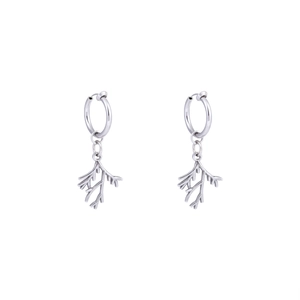 Silver stainless steel branch earrings with hoop design on clean white background