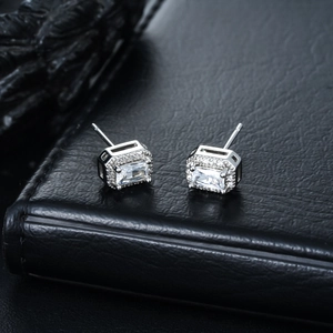 Fashion Rectangular Emerald Cut Zirconia Copper Stud Earrings With Stainless Steel Earring Post Unisex Halo Geometric Jewelry