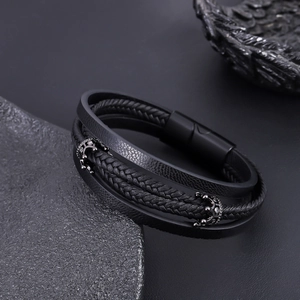 Men's multilayer black braided leather bracelet with twin crowns and magnetic clasp