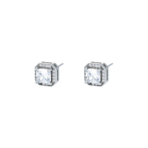 Sparkling square zircon halo stud earrings with silver-tone setting for men and women