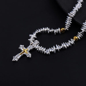 Retro Cross Pendant Necklace Hematite Beaded Alloy Chain Gothic Industrial Style Peace Engraved Jewelry For Men Women Daily Accessory