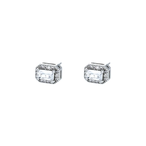Elegant emerald cut cubic zirconia stud earrings with halo setting in silver finish