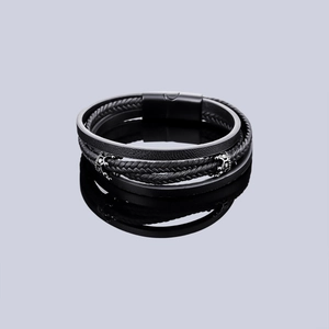 Men's multilayer black leather bracelet with silver accents and magnetic buckle