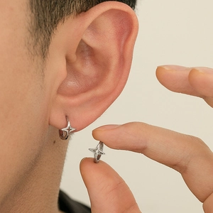 Men's silver star hoop earrings featuring a minimalist four-pointed star design