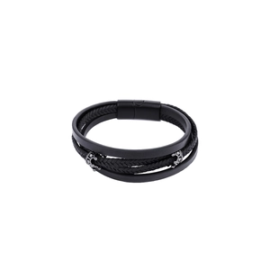 Men's multilayer black leather crown bracelet with magnetic buckle and punk style detailing
