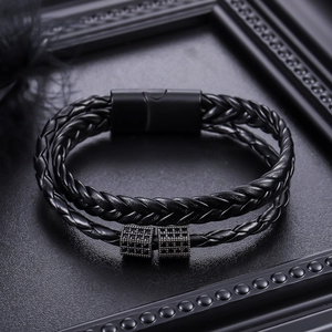 Men Braided Leather Bracelet Magnetic Clasp Zirconia Inlaid Double Layer Black Wrap Bracelet Fashion Casual Jewelry Gift For Him