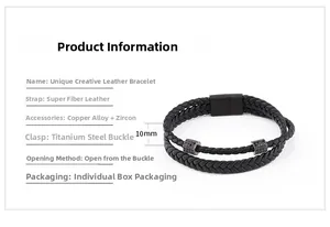 Detail view of double-layer woven leather bracelet with 10mm magnetic titanium steel clasp