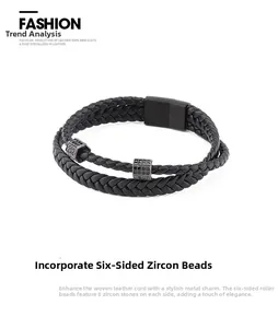 Detail of men's braided leather bracelet featuring hexagon beads with black zircon pavé