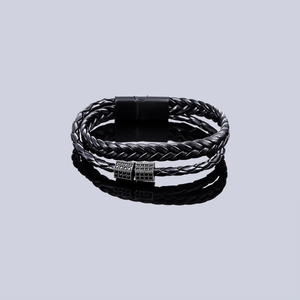 Three-layer black braided leather bracelet for men with zircon-inlaid metal charms and magnetic clasp