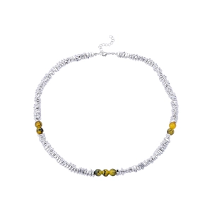 Mens luxury bead necklace with silver metallic beads and brown marble patterned stones