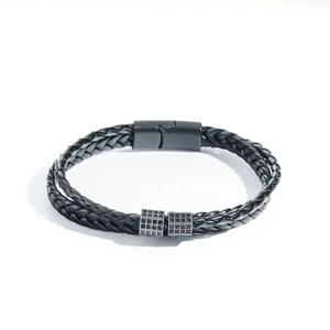 Men's double-layer braided leather bracelet with black magnetic clasp and metal beads