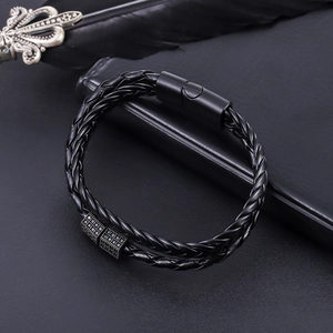 Men's black braided leather bracelet with magnetic clasp and zircon metal charms