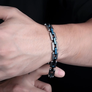 Men's two-tone stainless steel Cuban bracelet with polished silver and blue link chain