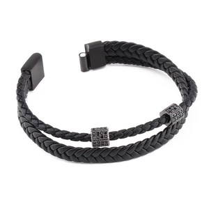 Men's double-layer black braided leather bracelet with magnetic clasp and zircon beads