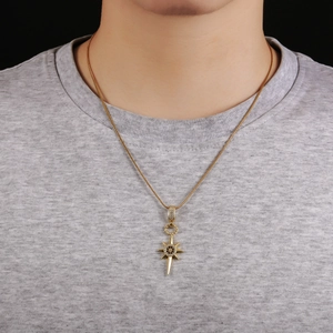 Gold eight-pointed star compass pendant necklace with sparkling zircons on snake chain