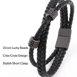 Men's double-layered black braided leather bracelet with zircon hexagons and magnetic clasp
