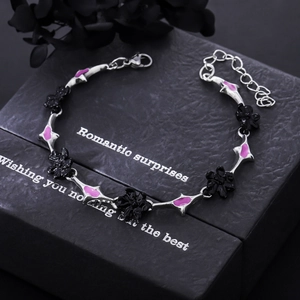 Gothic Sweet-Cool Alloy Flower Bracelet For Women Men Y2K Pink Enamel Black Floral Thorn Chain Adjustable Bangle Jewelry