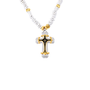 Collier pendentif croix en hématite noire rétro avec accents dorés et chaîne argentée