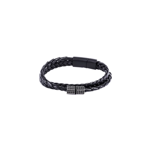 Men's braided black leather bracelet with titanium steel magnetic clasp and black stones