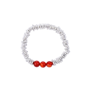 Handcrafted silver beaded bracelet with three red agate stones on white background