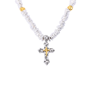 Silver beaded necklace with a double-layered cross pendant featuring peace and love engraving