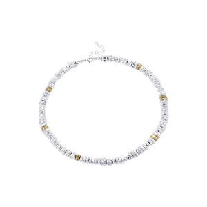 Minimalist silver and gold beaded necklace featuring irregular metallic hematite stones