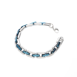 Men's minimalist cuban chain bracelet in two-tone silver and polished blue stainless steel
