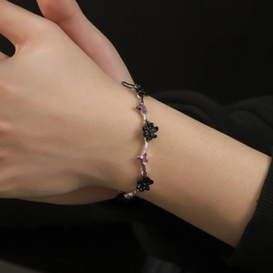 Gothic thorn link bracelet with black and purple enamel flowers for women and men