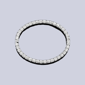 Polished silver stainless steel bangle with a woven texture finish and snap buckle clasp