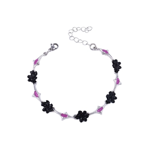 Y2K gothic silver bracelet with black flowers and purple enamel thorns for women