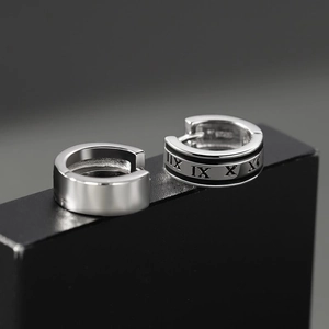 Minimalist S925 sterling silver huggie earrings with engraved Roman numerals design