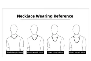 Size chart showing 50cm to 65cm necklace length reference on male silhouettes