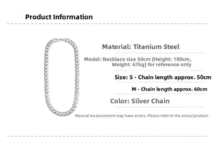 Size chart for silver titanium steel Cuban chain necklace showing 50cm and 60cm lengths