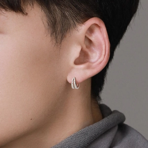 Men's double layered silver metal hoop earrings with minimalist geometric design