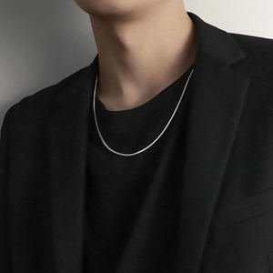 Minimalist silver snake chain necklace in titanium steel on a fashion model