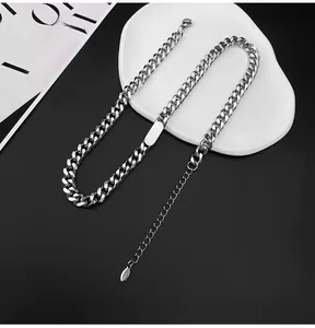 Detail of silver titanium steel curb chain with a polished bar and lobster clasp