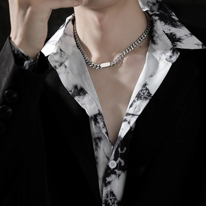 Men Stainless Steel Hip Hop Cuban Link Necklace With Rectangular ID Plate Pendant Silver Clavicle Chain Jewelry For Men