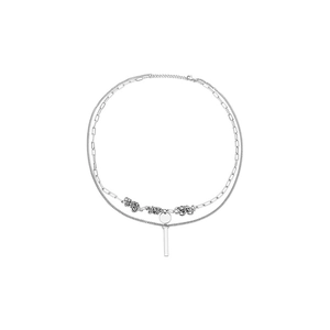 Collier double épaisseur argenté avec chaîne trombone et pendentif barre verticale