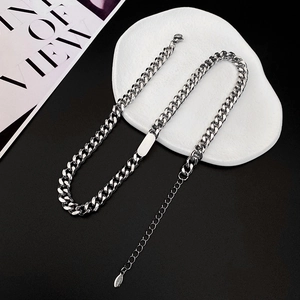Polished stainless steel Cuban link necklace for men featuring a blank engravable metal plate