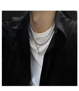 Double-layered silver Cuban chain necklace with vintage rectangular Queen Elizabeth pendant