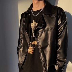 Hip-hop silver Cuban chain necklace for men paired with a black motorcycle biker jacket