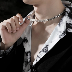 Silver Cuban link chain necklace for men with a polished rectangular metal pendant plaque