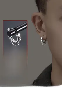 Close-up of punk style silver hoop earring featuring a double chain drop for men