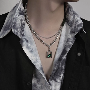 Men's double-layered titanium steel necklace with green gemstone and pearl accents