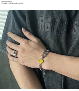 Dettaglio del bracciale a catena argento con ciondolo smiley giallo e pietre di zircone