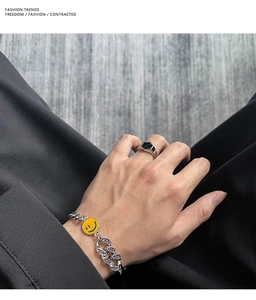Dettaglio del bracciale a catena argento con ciondolo smiley giallo e zirconi