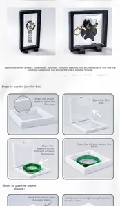 Detailed guide for PE film 3D floating display box showing jewelry suspension steps