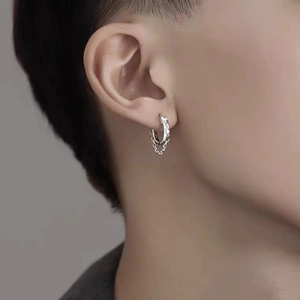 Minimalist silver hoop earrings for men with double layer fine hanging chains