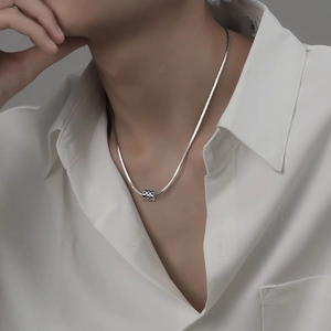 Men Titanium Steel Checkerboard Pendant Necklace Minimalist Silver Snake Bone Chain Hip Hop Trendy Jewelry Accessory Gift