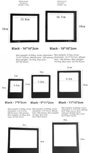 Size chart showing PE film jewelry display box dimensions from 7x7cm to 18x18cm frames